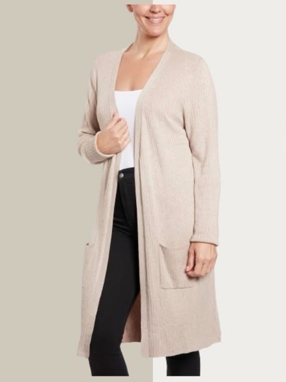 Joseph A Neutral Cream Long Ribbed Open-Front Cardigan